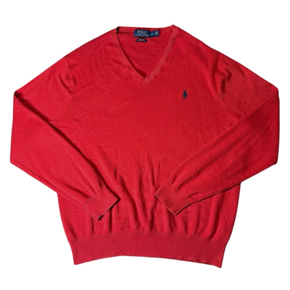 Polo Ralph Lauren Pima Cotton Knit V-Neck Sweater in Red Size L